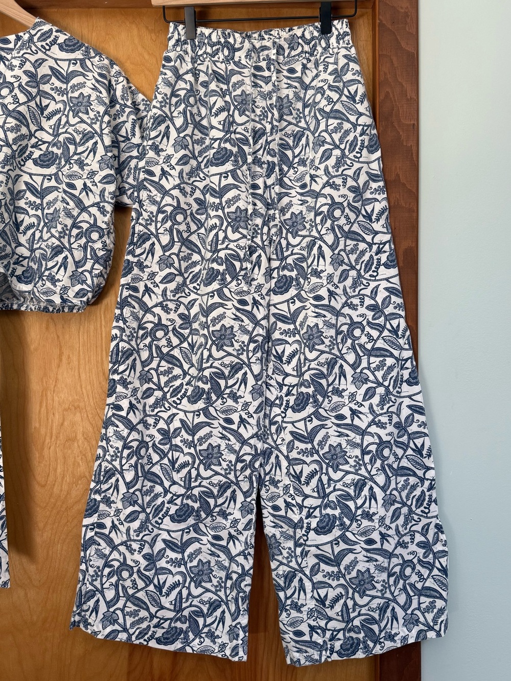 Small Blue & White Floral Wide-Leg 100% Cotton Pants - Coordinated Set Available